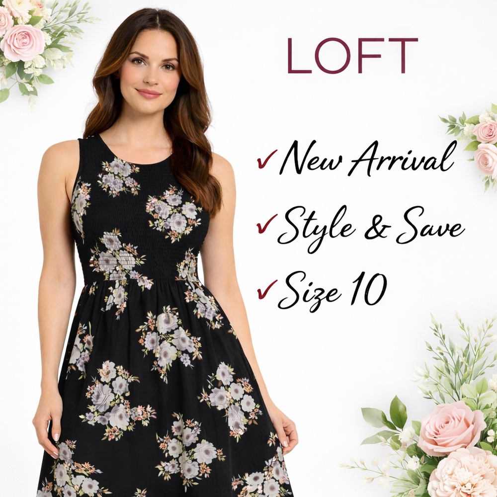 NWT Loft Black Floral Smocked Sleeveless Fit & Flare dress Size 10